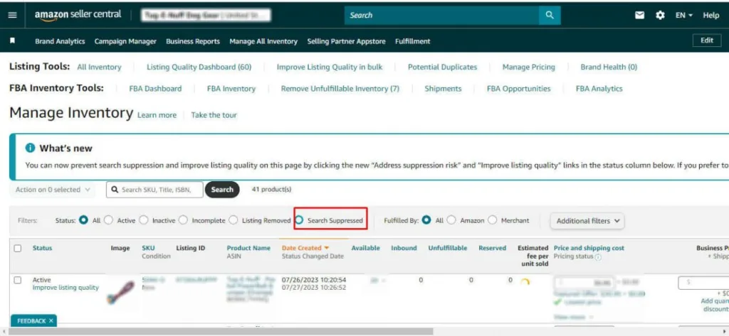 Amazon Catalog Management dashboard